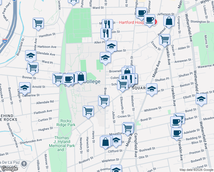 map of restaurants, bars, coffee shops, grocery stores, and more near 67 Colonial Street in Hartford