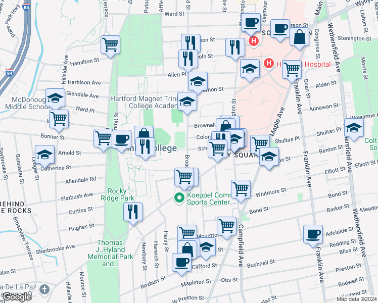 map of restaurants, bars, coffee shops, grocery stores, and more near 67 Colonial Street in Hartford