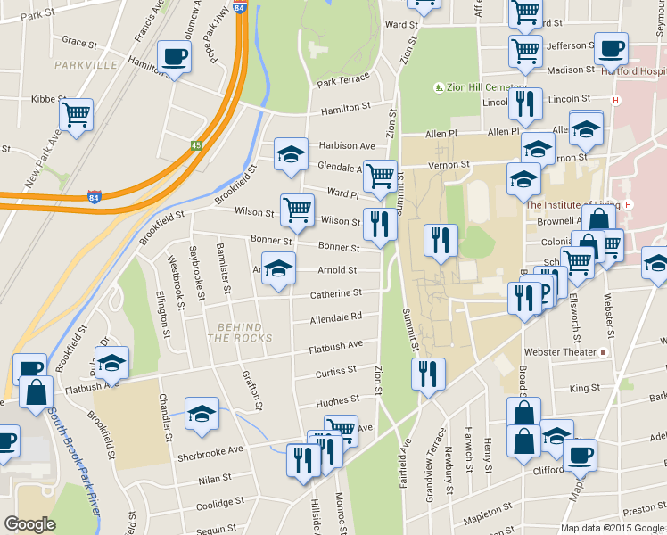 map of restaurants, bars, coffee shops, grocery stores, and more near 43 Bonner Street in Hartford