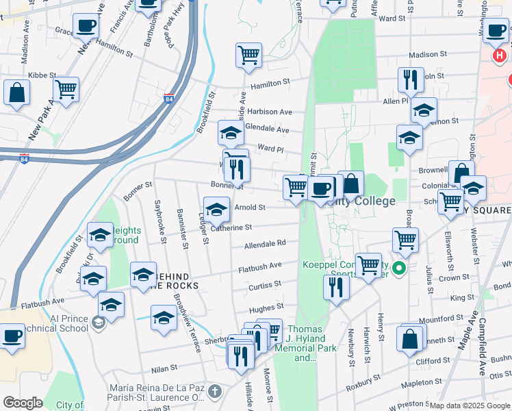 map of restaurants, bars, coffee shops, grocery stores, and more near in Hartford