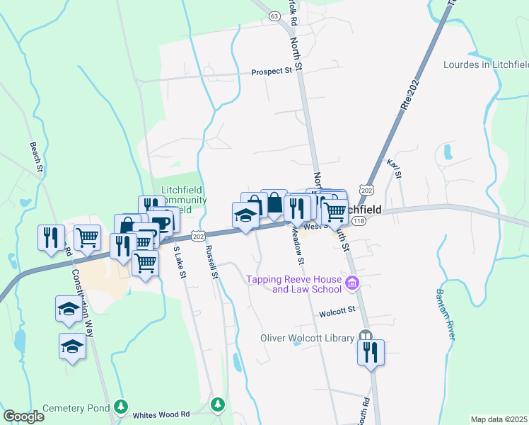 map of restaurants, bars, coffee shops, grocery stores, and more near 22 Spencer Street in Litchfield