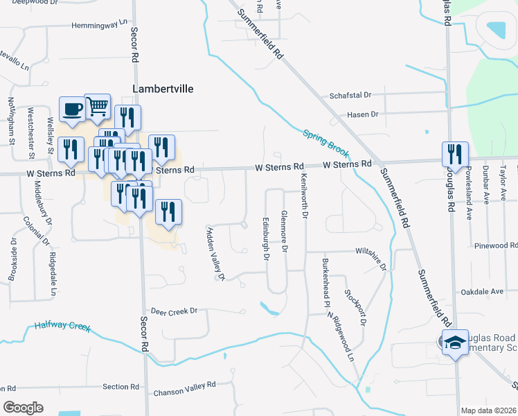 map of restaurants, bars, coffee shops, grocery stores, and more near 7332 Edinburgh Drive in Lambertville
