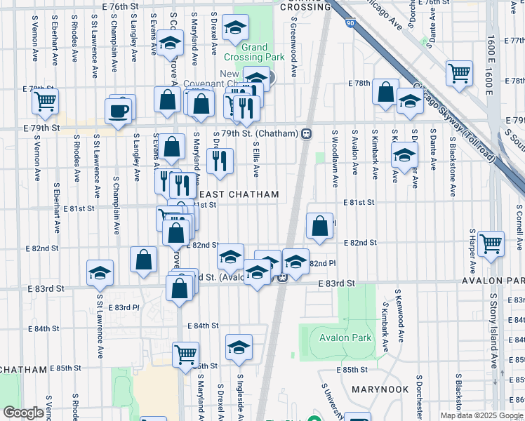 map of restaurants, bars, coffee shops, grocery stores, and more near 8051 South Ellis Avenue in Chicago