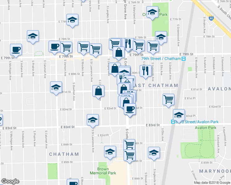 map of restaurants, bars, coffee shops, grocery stores, and more near 8049 South Evans Avenue in Chicago