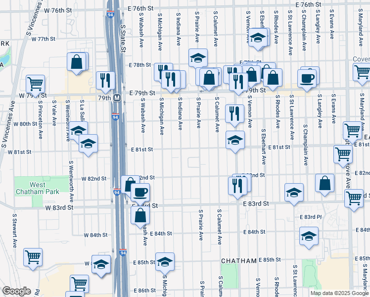 map of restaurants, bars, coffee shops, grocery stores, and more near 8041 South Indiana Avenue in Chicago