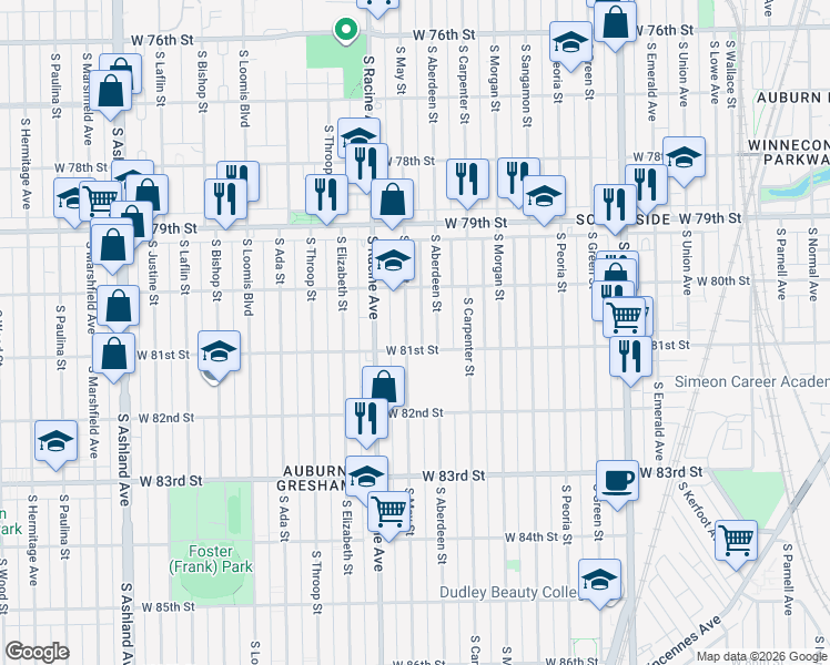 map of restaurants, bars, coffee shops, grocery stores, and more near 8020 South May Street in Chicago