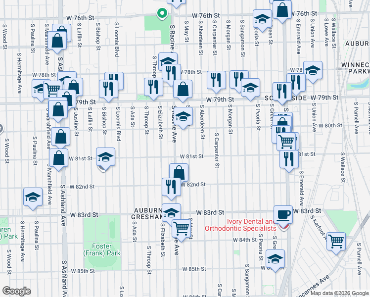 map of restaurants, bars, coffee shops, grocery stores, and more near 8020 South May Street in Chicago