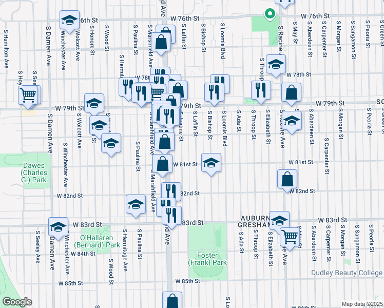 map of restaurants, bars, coffee shops, grocery stores, and more near 8018 South Laflin Street in Chicago