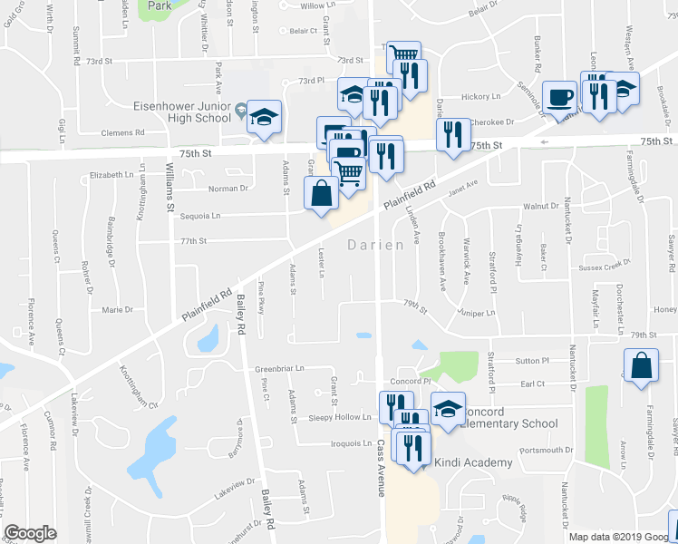 map of restaurants, bars, coffee shops, grocery stores, and more near 7710 Wildwood Court in Darien