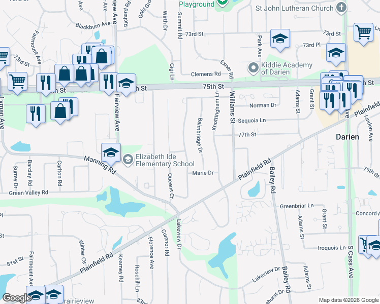 map of restaurants, bars, coffee shops, grocery stores, and more near 7705 Rohrer Drive in Downers Grove