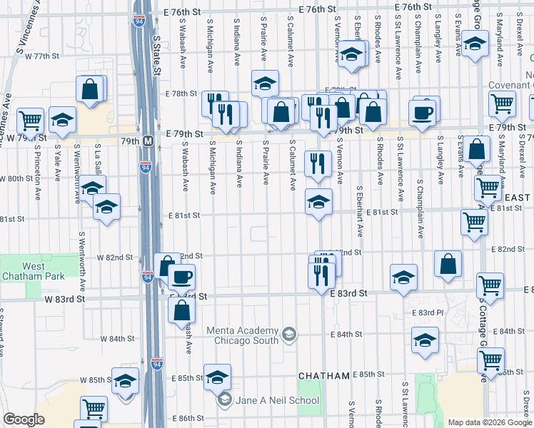 map of restaurants, bars, coffee shops, grocery stores, and more near S Prairie Ave & E 81st St in Chicago