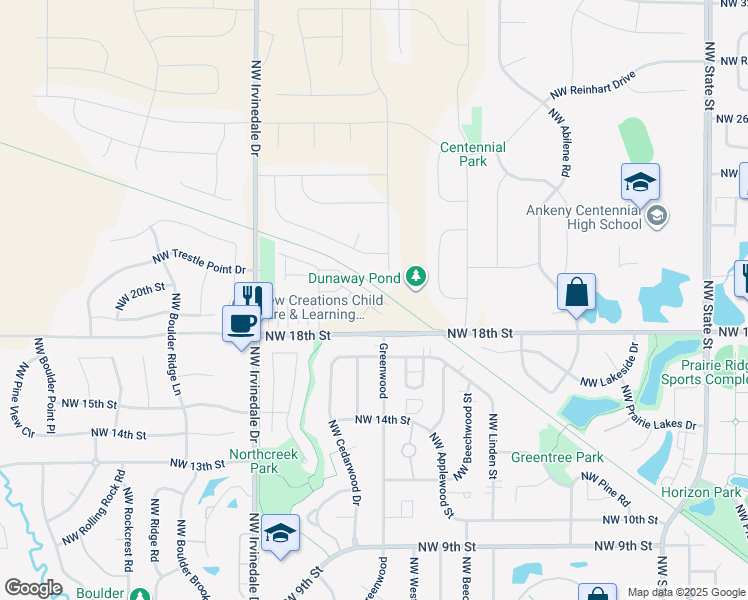 map of restaurants, bars, coffee shops, grocery stores, and more near 2619 Northwest Penny Lane in Ankeny