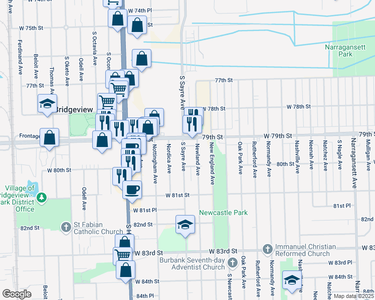 map of restaurants, bars, coffee shops, grocery stores, and more near in Bedford Park
