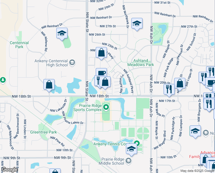 map of restaurants, bars, coffee shops, grocery stores, and more near 1330 Northwest 18th Street in Ankeny