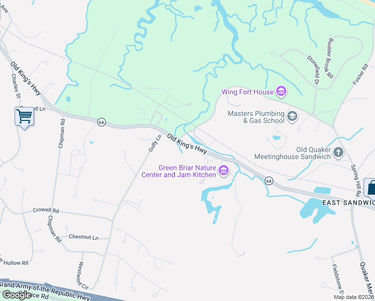map of restaurants, bars, coffee shops, grocery stores, and more near 252 Massachusetts 6A in Sandwich