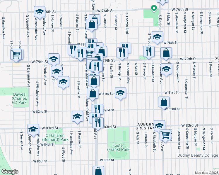 map of restaurants, bars, coffee shops, grocery stores, and more near 8018 South Laflin Street in Chicago