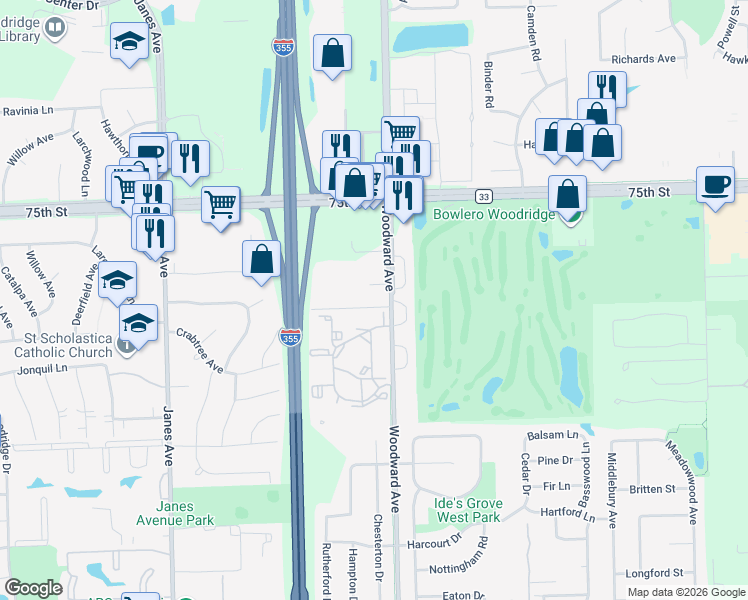 map of restaurants, bars, coffee shops, grocery stores, and more near 2004 Ridge Lane in Woodridge
