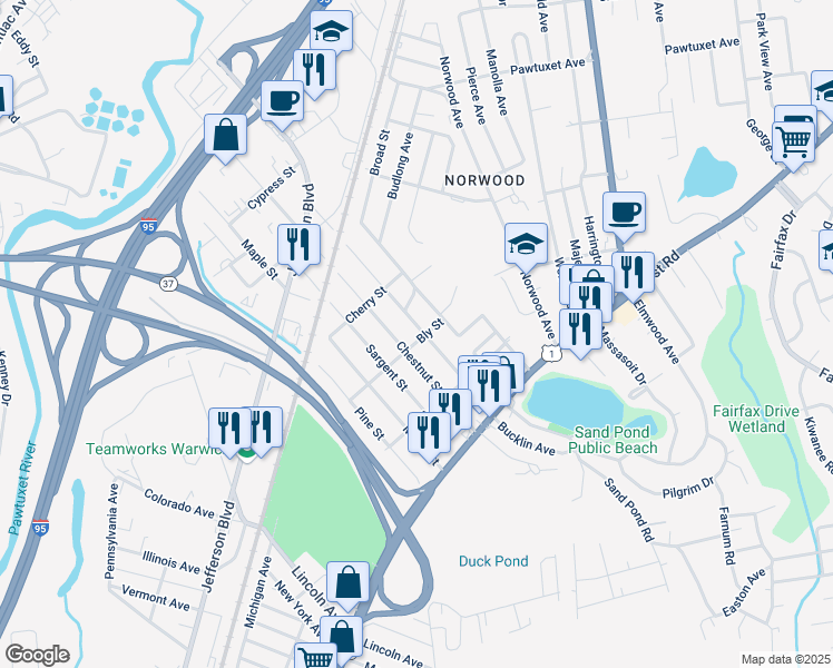 map of restaurants, bars, coffee shops, grocery stores, and more near 337 Elm Street in Warwick