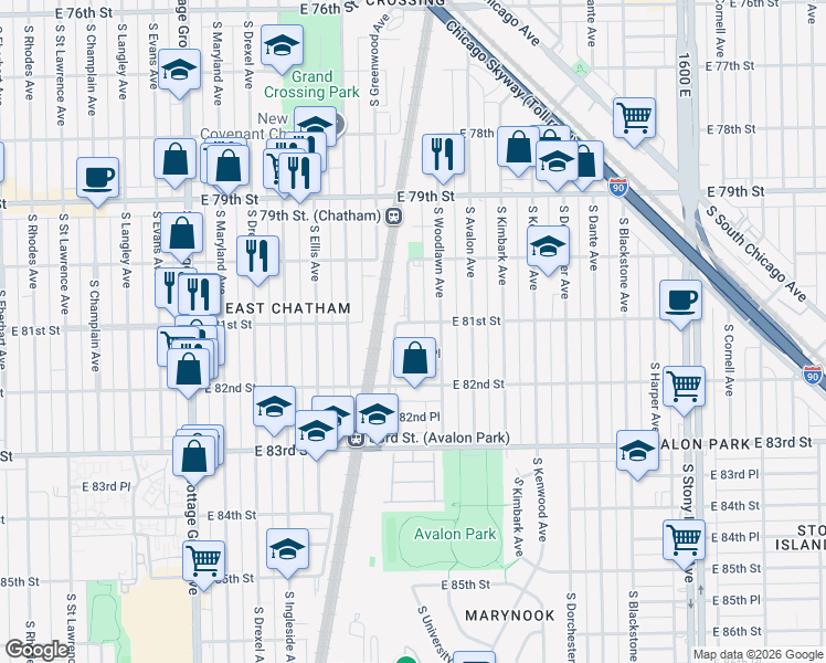 map of restaurants, bars, coffee shops, grocery stores, and more near 1133 East 81st Street in Chicago