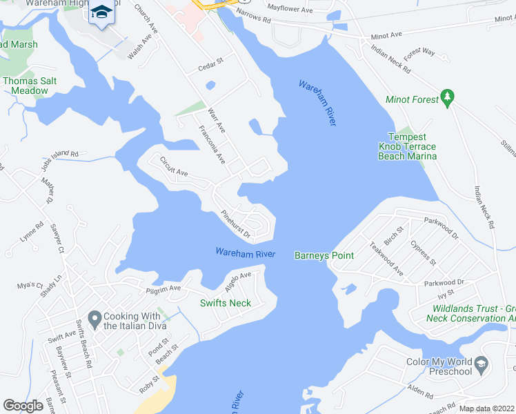 map of restaurants, bars, coffee shops, grocery stores, and more near 2 Blue Jay Terrace in Wareham