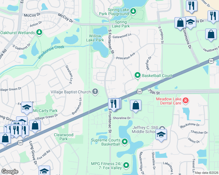map of restaurants, bars, coffee shops, grocery stores, and more near 422 Park Ridge Lane in Aurora