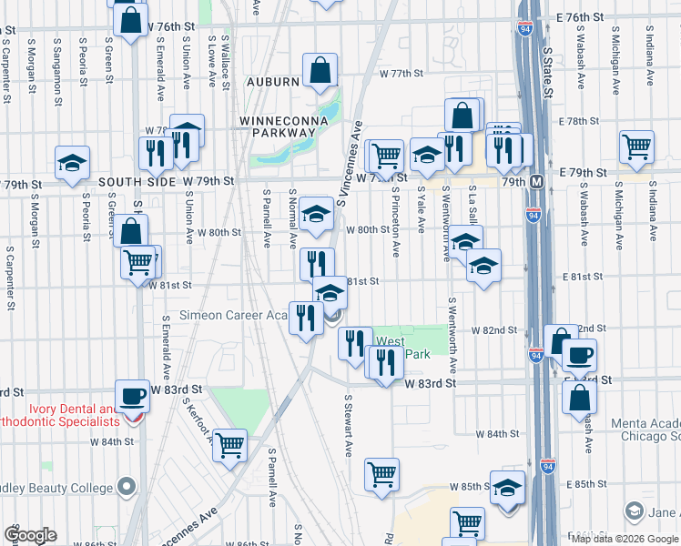 map of restaurants, bars, coffee shops, grocery stores, and more near 8050 South Stewart Avenue in Chicago