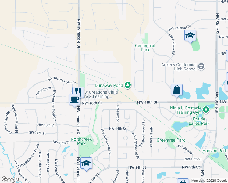 map of restaurants, bars, coffee shops, grocery stores, and more near 2619 Northwest Penny Lane in Ankeny