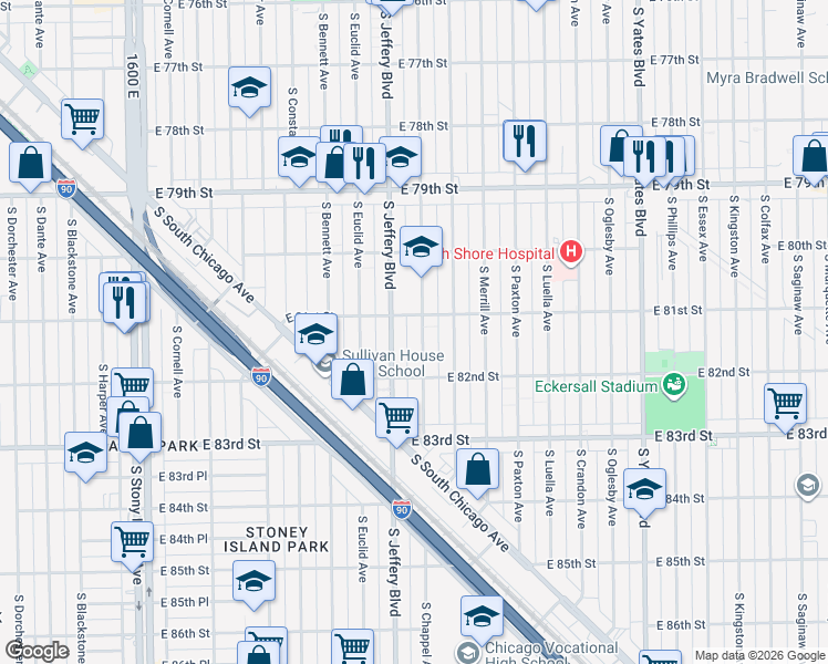 map of restaurants, bars, coffee shops, grocery stores, and more near 2035 East 81st Street in Chicago
