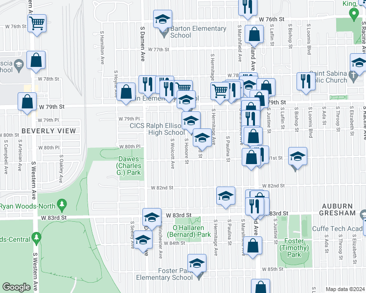 map of restaurants, bars, coffee shops, grocery stores, and more near 8032 South Honore Street in Chicago