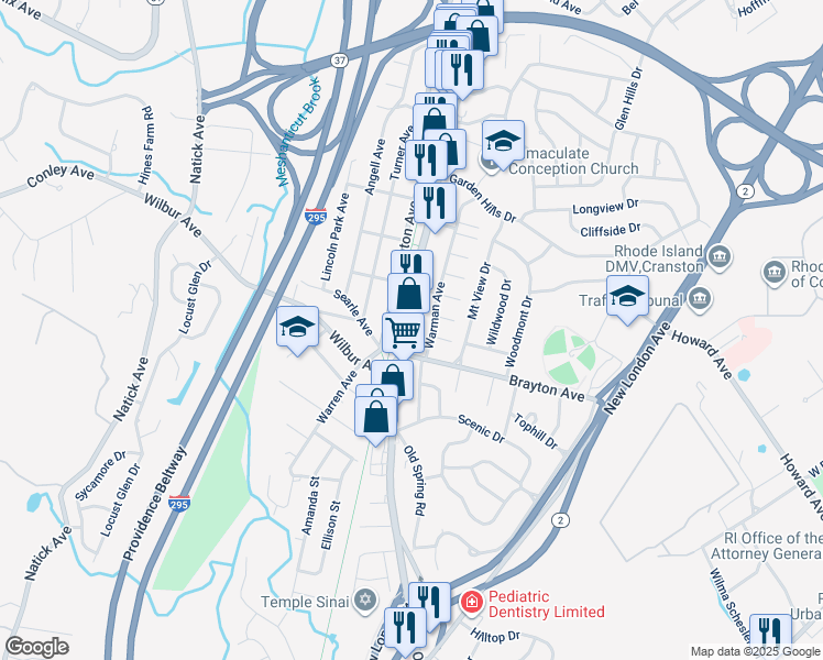 map of restaurants, bars, coffee shops, grocery stores, and more near 48 Warman Avenue in Cranston