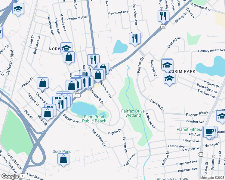 map of restaurants, bars, coffee shops, grocery stores, and more near 45 Hollywood Avenue in Warwick