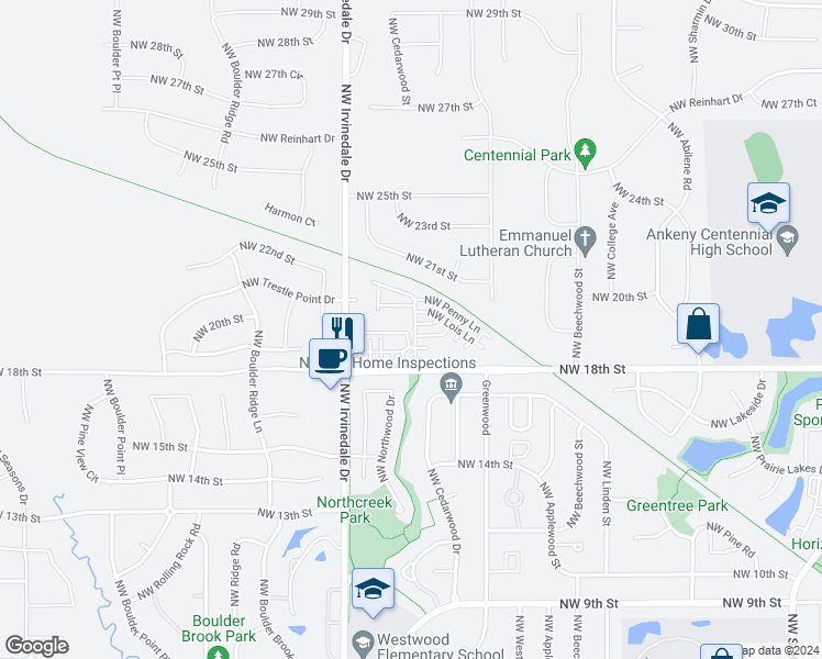map of restaurants, bars, coffee shops, grocery stores, and more near 2845 Northwest 20th Street in Ankeny