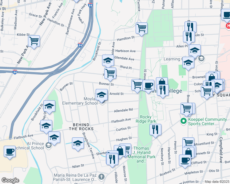 map of restaurants, bars, coffee shops, grocery stores, and more near in Hartford