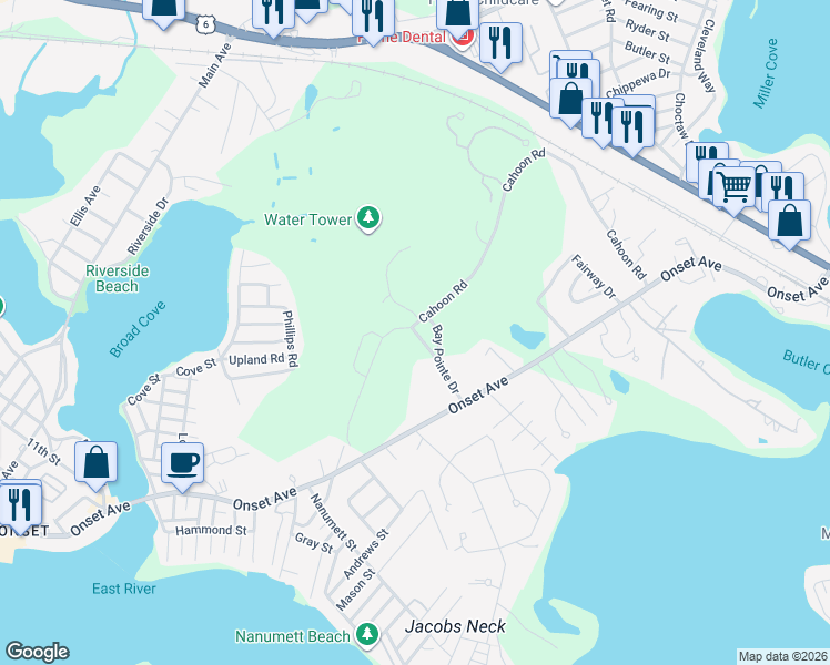 map of restaurants, bars, coffee shops, grocery stores, and more near 20 Cahoon Road in Wareham