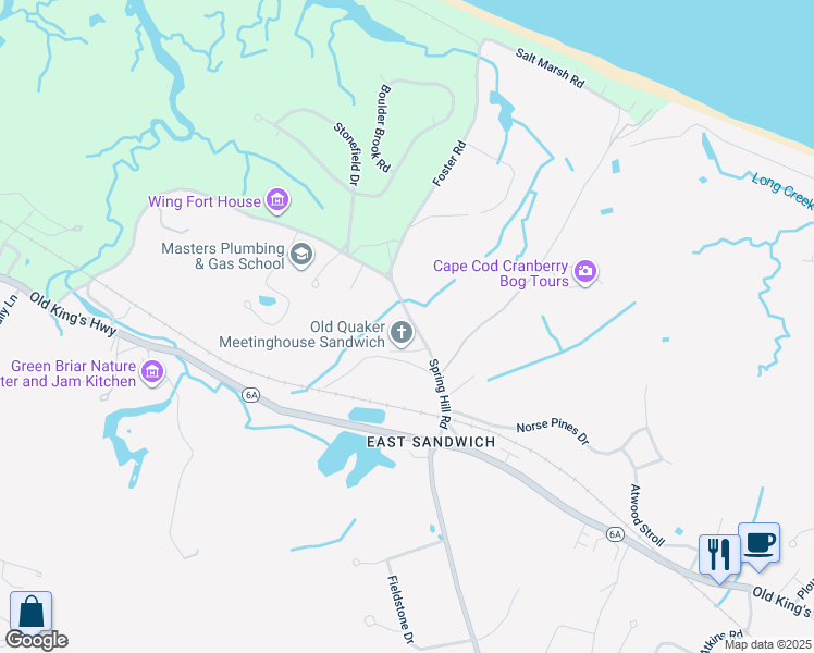 map of restaurants, bars, coffee shops, grocery stores, and more near 95 Spring Hill Road in Sandwich