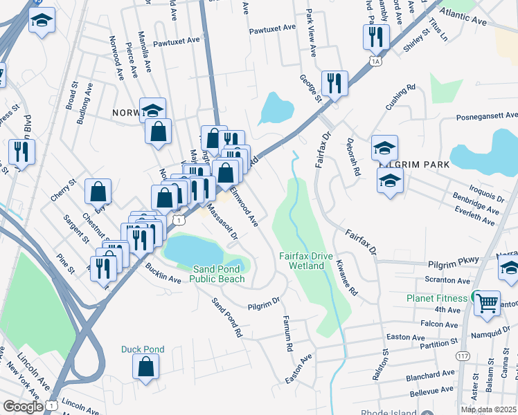map of restaurants, bars, coffee shops, grocery stores, and more near 45 Hollywood Avenue in Warwick