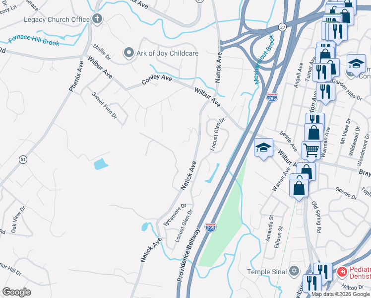 map of restaurants, bars, coffee shops, grocery stores, and more near 36 Canton Court in Cranston