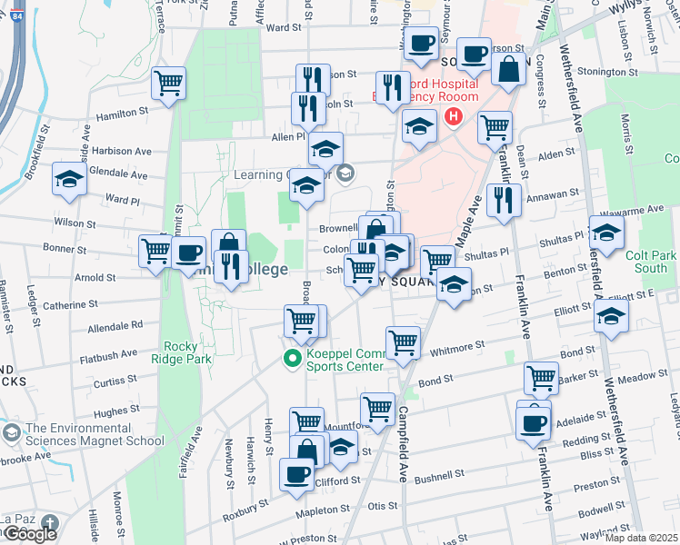 map of restaurants, bars, coffee shops, grocery stores, and more near 45 Colonial Street in Hartford