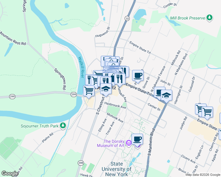 map of restaurants, bars, coffee shops, grocery stores, and more near in New Paltz