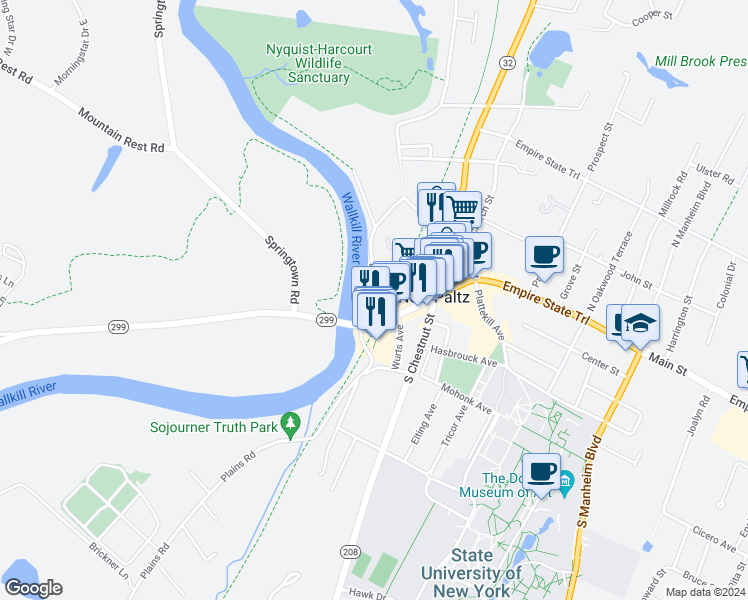 map of restaurants, bars, coffee shops, grocery stores, and more near 25 Huguenot Street in New Paltz