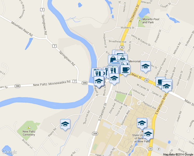 map of restaurants, bars, coffee shops, grocery stores, and more near 50 Huguenot Street in New Paltz
