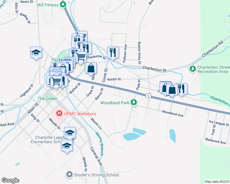 map of restaurants, bars, coffee shops, grocery stores, and more near 10 Austin Street in Wellsboro