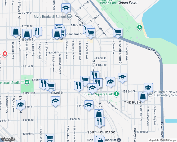map of restaurants, bars, coffee shops, grocery stores, and more near 2911 East 81st Street in Chicago