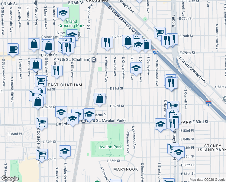 map of restaurants, bars, coffee shops, grocery stores, and more near 8055 South Avalon Avenue in Chicago