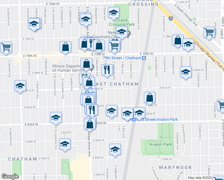map of restaurants, bars, coffee shops, grocery stores, and more near 922 East 81st Street in Chicago