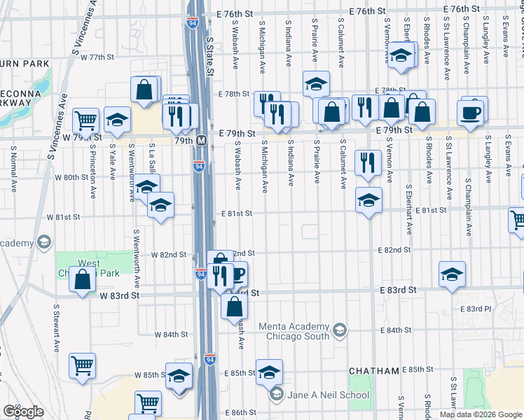 map of restaurants, bars, coffee shops, grocery stores, and more near 8039 South Michigan Avenue in Chicago