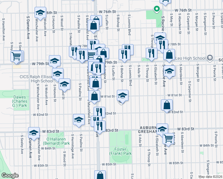 map of restaurants, bars, coffee shops, grocery stores, and more near 8018 South Laflin Street in Chicago