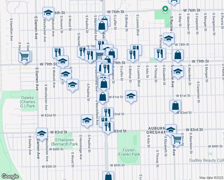 map of restaurants, bars, coffee shops, grocery stores, and more near 8019 South Ashland Avenue in Chicago