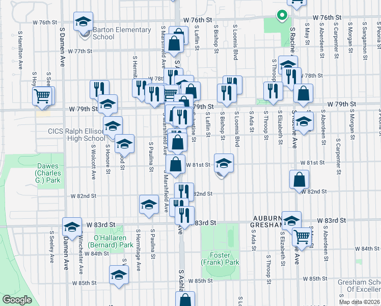 map of restaurants, bars, coffee shops, grocery stores, and more near 8017 South Ashland Avenue in Chicago