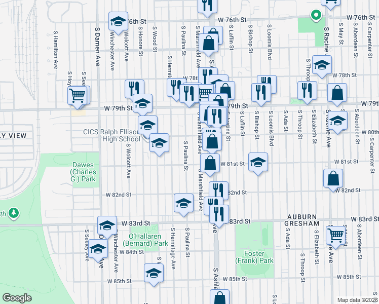 map of restaurants, bars, coffee shops, grocery stores, and more near in Chicago